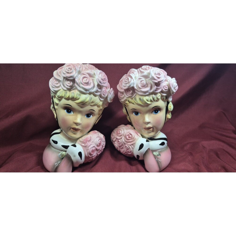 Vtg 1950s Enesco Pink Rose Lady Head Vase Wall Pocket Pair Left Right Both Mint